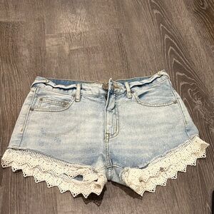 Free People Light Blue Jean Shorts with Lace Trim